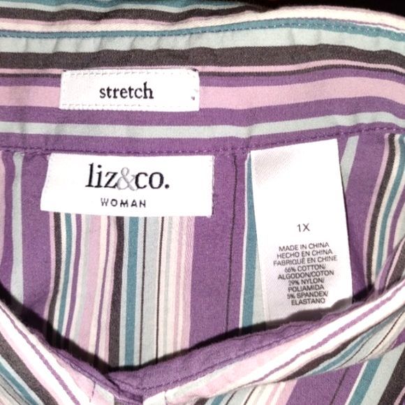 Liz & Co. Purple & Green Striped Long Sleeve Button Front Shirt Plus Size 1X - Picture 3 of 3